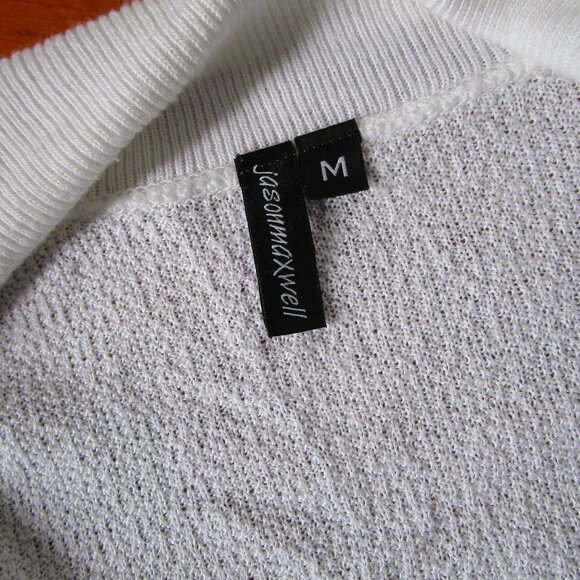 Lightweight knit sweater, open w string tie. JasonMaxwell M white short sleev - Picture 8 of 11